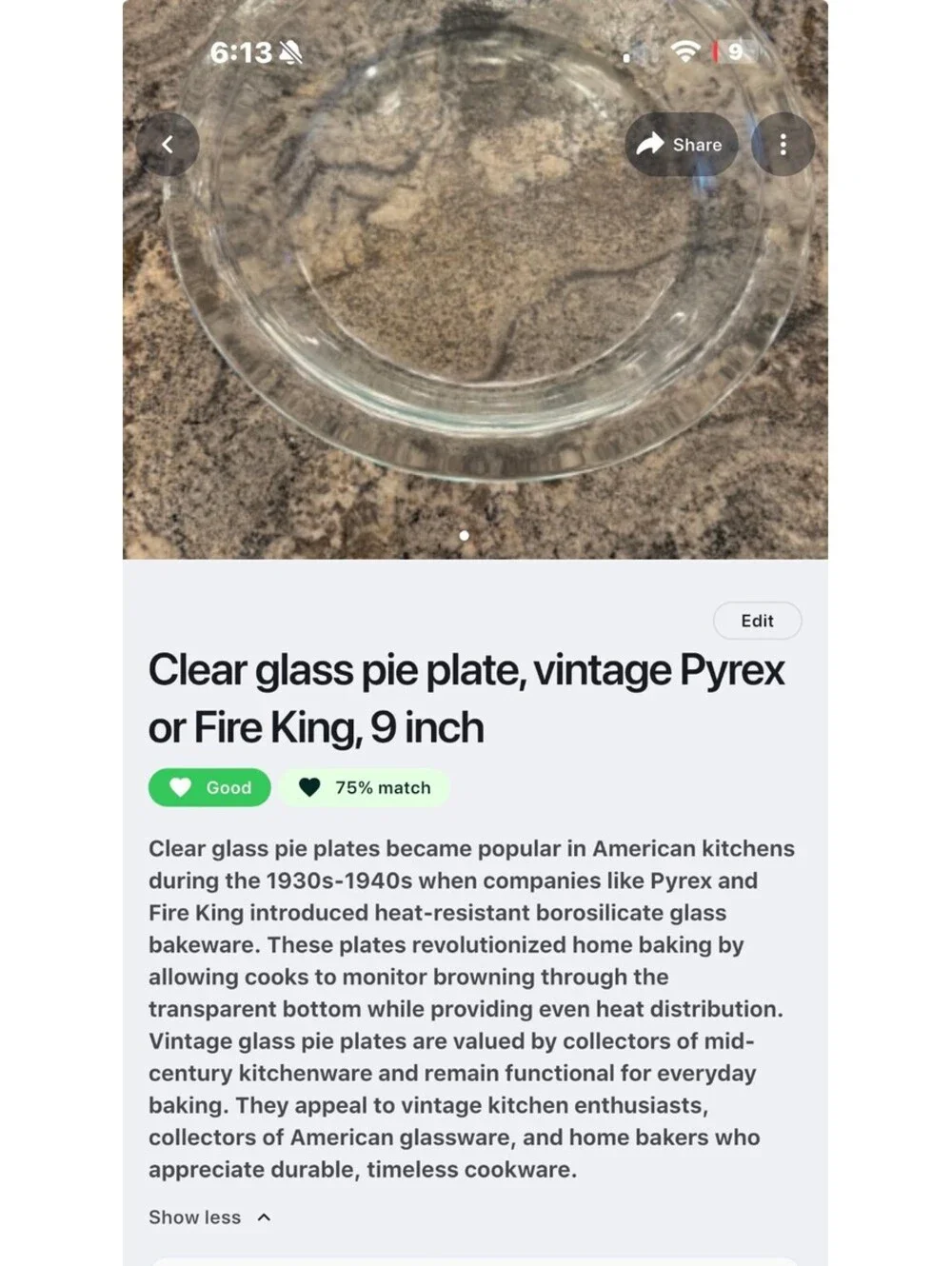 Clear Glass Vintage Pyrex or Fire King Pie Plate